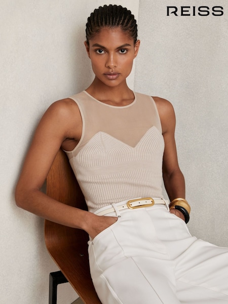 Reiss Pink Neutral Darcey Mesh Rib-Knit Sweetheart Vest (W31498) | AED792