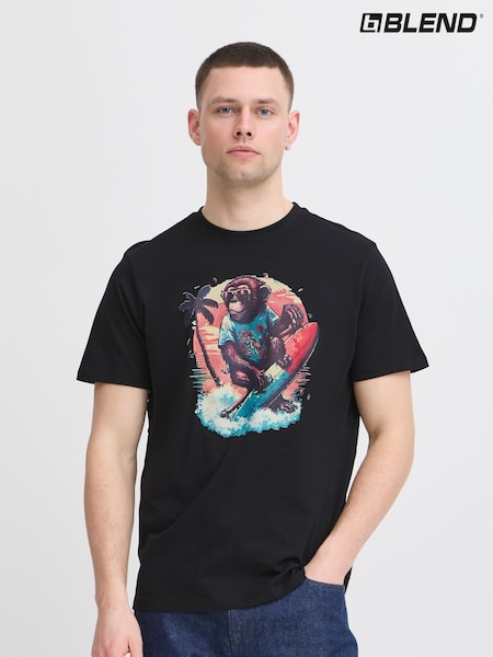 Negro - Blend Surfer Printed Short Sleeve 100% Cotton T-Shirt (W31529) | 25 €