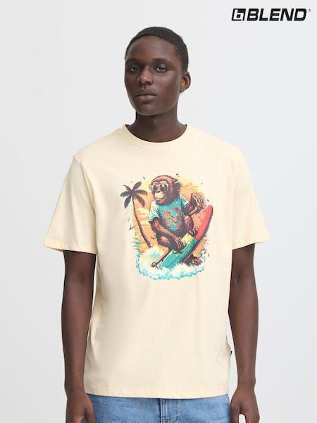 Blend Cream Surfer Printed Short Sleeve 100% Cotton T-Shirt (W31532) | 89 QAR