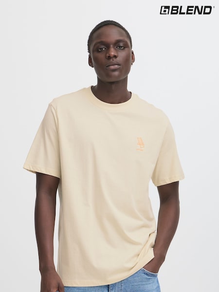 Blend Cream Embroidered Short Sleeve  100% Cotton T-Shirt (W31544) | 74 QAR