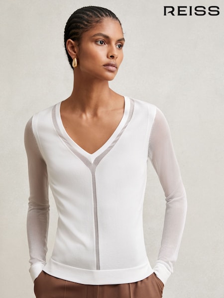 Reiss White Soraya Sheer-Detail V-Neck Top (W31588) | €170