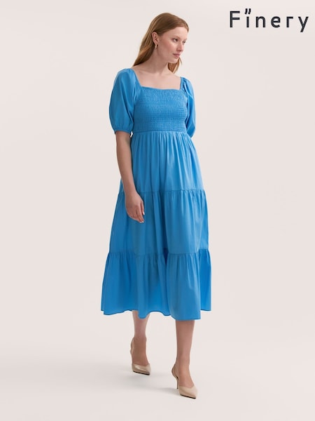 Finery Blue Melody Cotton Shirred Midi Dress (W31670) | €62