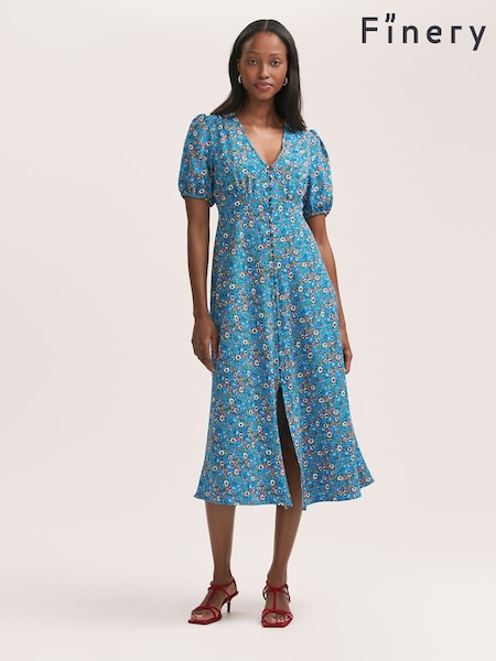 Finery Blue Robyn Floral Print Button Through Midi  Dress (W31688) | €75