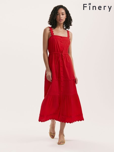 Finery Red Hallie Cotton Ric Rac Detail Tiered Midi Dress (W31702) | €69