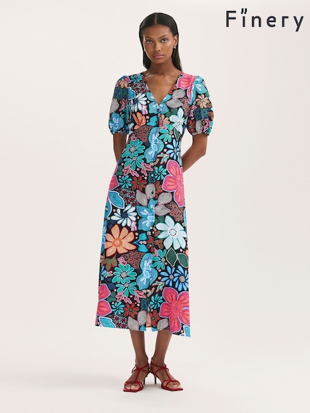 Blue - Finery Sarah Floral Print Button Through Midi Dress