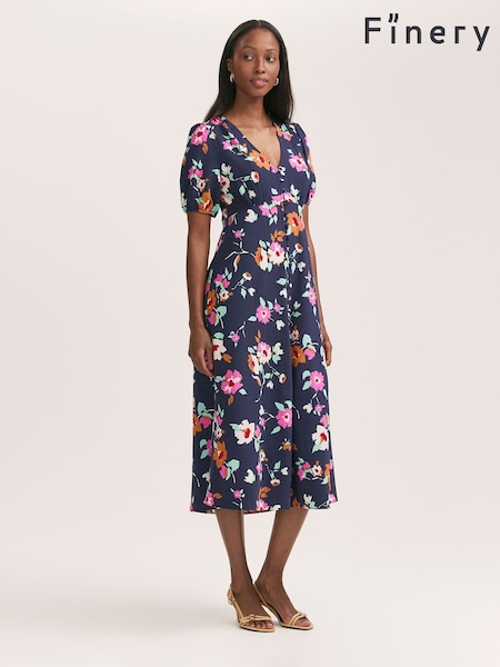 Finery Blue Robyn Floral Print Button Through Midi  Dress (W31708) | €62
