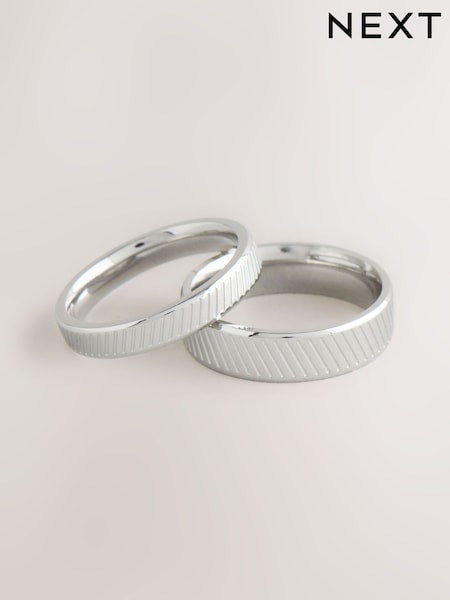 Silver Tone Stainless Steel Etched Band Ring Pack (W31741) | €29
