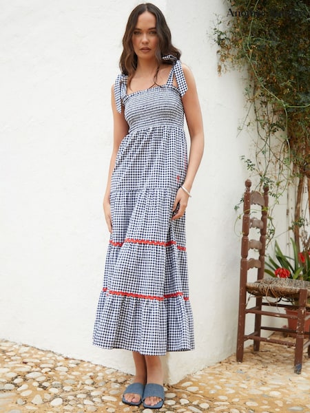 Another Sunday Navy Gingham Shirred Tie Strap Tiered 100% Cotton Midi Dress (W31780) | €77