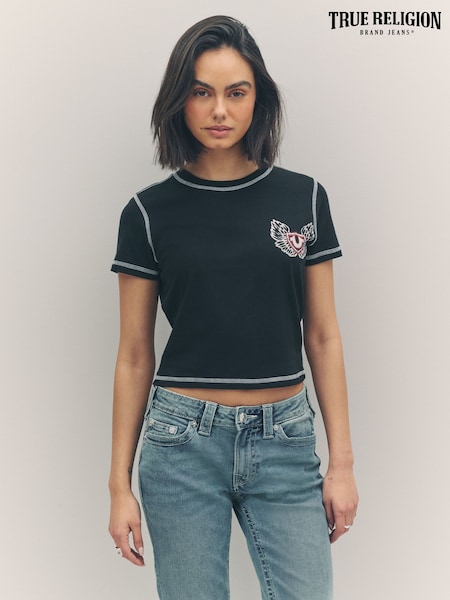 True Religion Jet Black Baby Contrast Stitch Wing Short Sleeve T-Shirt (W31803) | €58