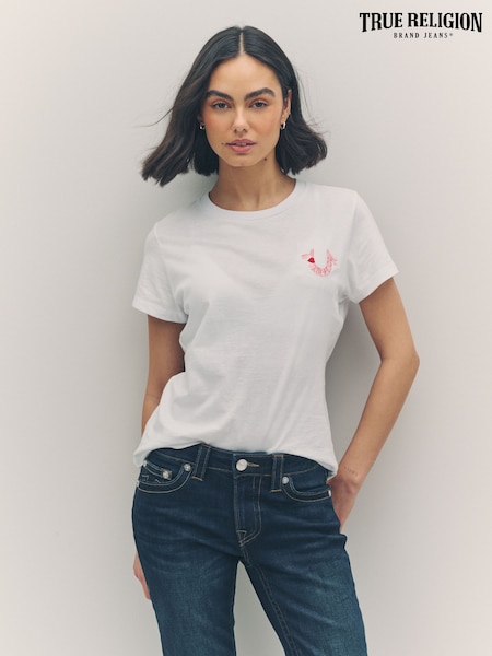 True Religion Optic White 100% Cotton Embroidered Horseshoe Short Sleeve Crew T-Shirt (W31806) | €58