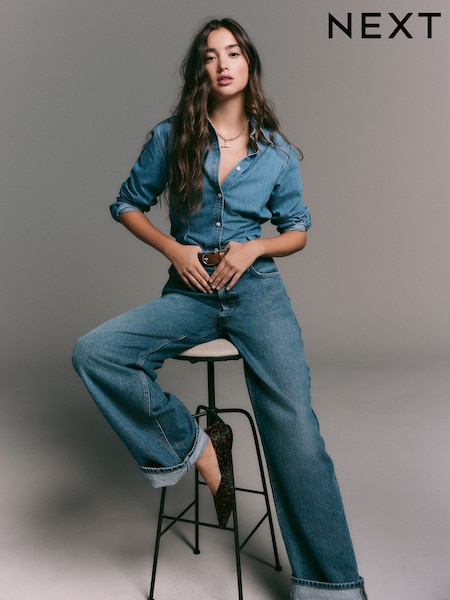 Azul médio - Cinch Waist Fitted Long Sleeve Denim Shirt (W31822) | R$ 295