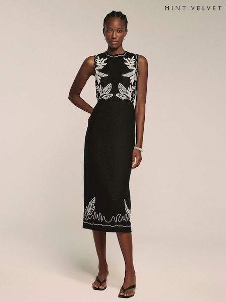 Mint Velvet Black Embroidered 100% Linen Midi Dress (W31851) | €204