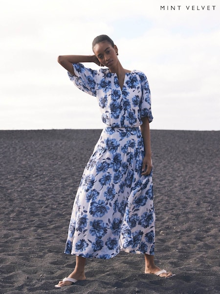 Mint Velvet Blue Floral Print 100% Cotton Midi Skirt (W31856) | €169
