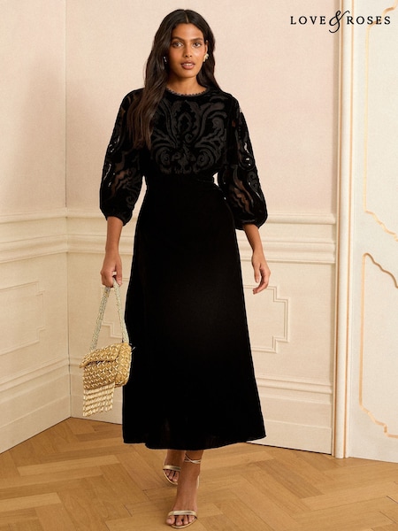 Love & Roses Black Velvet Cutwork Mesh Midi Dress (W31865) | €147