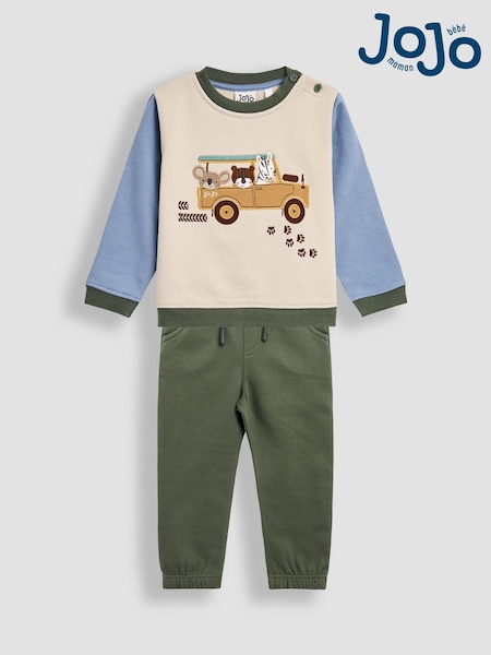 JoJo Maman Bébé Green Safari 2-Piece Appliqué Sweatshirt & Joggers Set (W31979) | €47 - €54