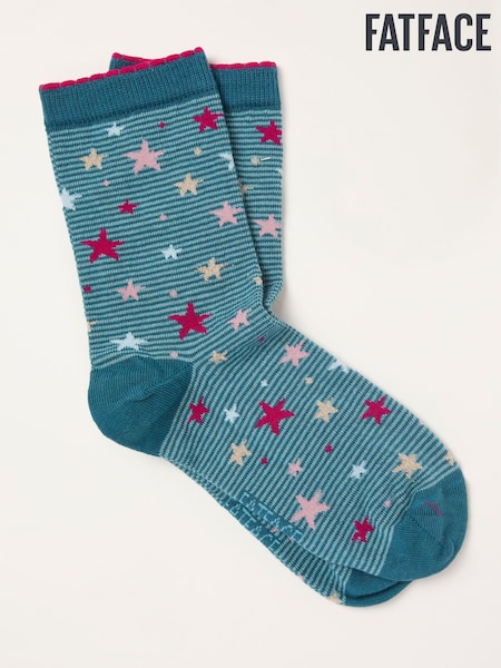 FatFace Teal Blue Striped Star Socks (W32039) | 37 QAR