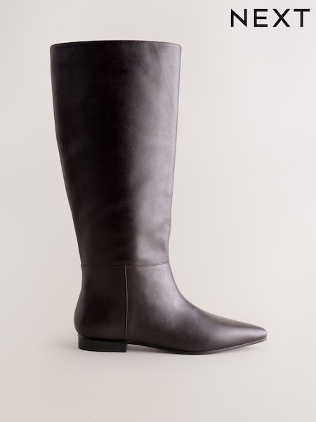 Chocolate Brown Leather Forever Comfort® Flat Chisel Toe Knee High Boots (W32085) | €129