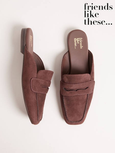 Friends Like These Chocolate Brown Square Toe Comfort Faux Suede Mule Loafer Shoes (W32107) | €45