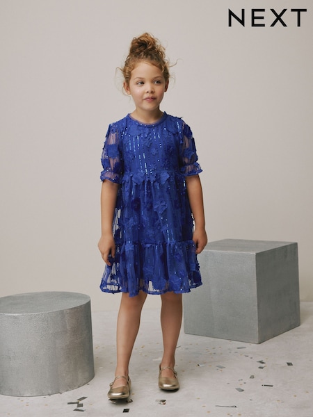 Cobalt Blue Mesh Flower Sequin Party Dress (3-16yrs) (W32108) | AED127 - AED157