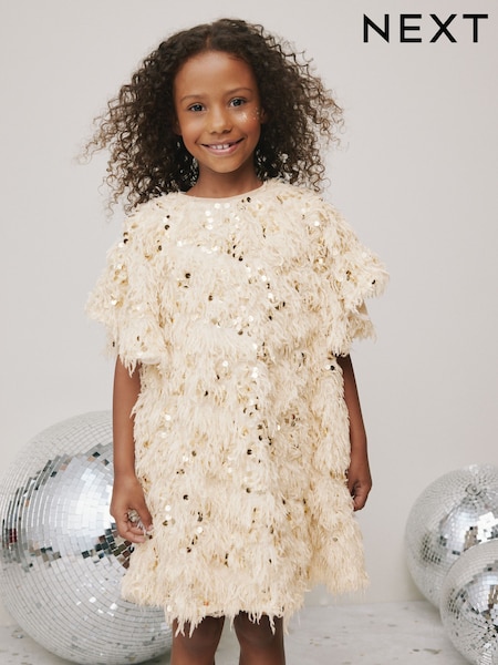 Cream Sequin Textured Occasion Dress (3-16yrs) (W32120) | AED132 - AED163