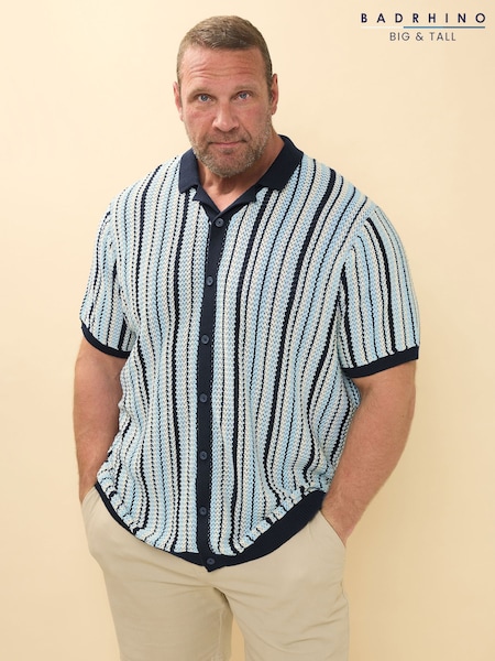 BadRhino Big & Tall Blue Chrome Stripe Knitted 100% Cotton Shirt (W32135) | €48