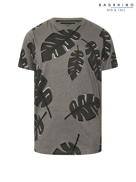 BadRhino Big & Tall Grey Tonal Leaf Print 100% Cotton T-Shirt (W32143) | R$ 235