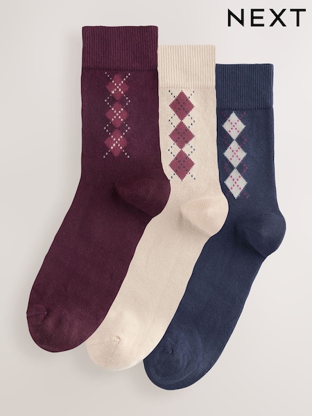 Navy/Berry/Neutral Argyle - Ankle Socks 3 Pack (W32145) | R$ 80