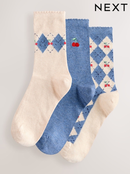 Blue/Oatmeal Argyle Cherries - Ankle Socks 3 Pack (W32147) | R$ 85