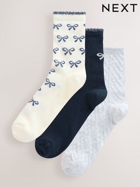Navy Bows Ankle Socks 3 Pack (W32161) | €11