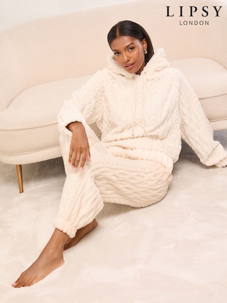 Lipsy Cream Cable Cosy Hoodie and Trousers Lounge Set (W32194) | AED227