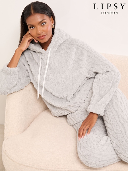 Lipsy Grey Cable Cosy Hoodie and Trousers Lounge Set (W32195) | R$ 385