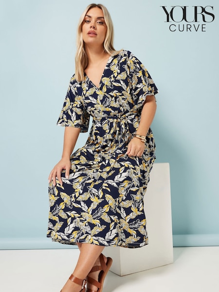 Yours Curve Blue Leaf Print Wrap Dress (W32249) | €47