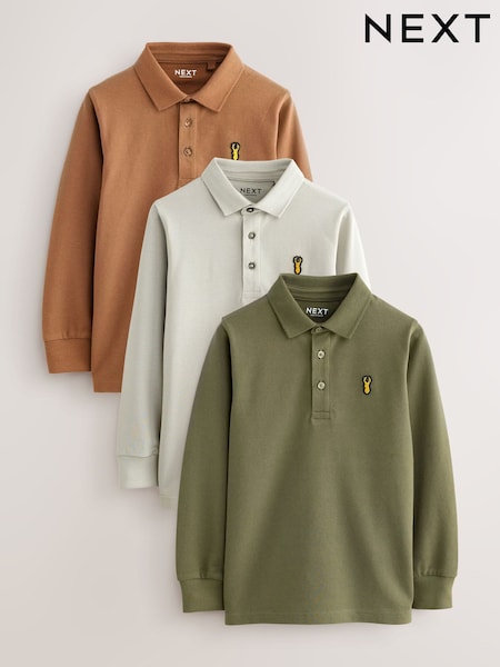Khaki/Stone/Tan Long Sleeve Polo Shirts 3 Pack (3-16yrs) (W32288) | 119 QAR - 193 QAR