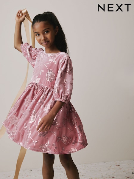 Pink Sequin Embellished Velour Dress (3-16yrs) (W32316) | €38 - €47