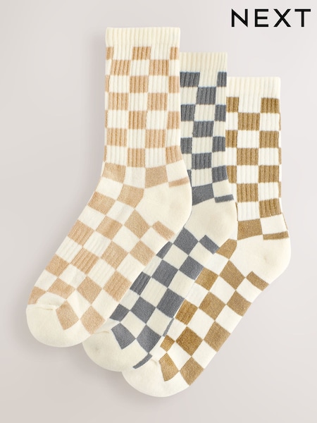 Neutral Checkerboard Cushion Sole Ribbed Sport Ankle Socks With Arch Support 3 Pack (W32334) | R$ 85