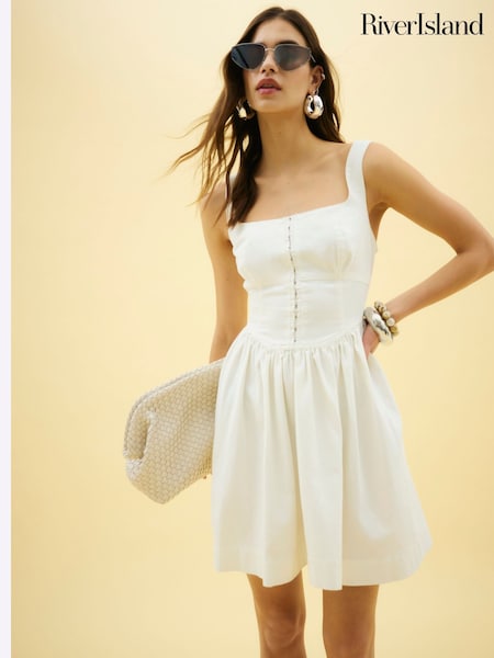 River Island White Denim 100% Cotton Mini Dress (W32359) | 2,884 UAH