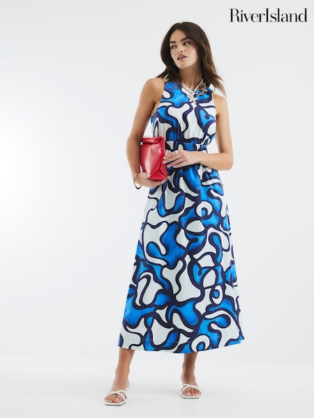 River Island Blue Cut Out Poplin 100% Cotton Midi Dress (W32370) | €60