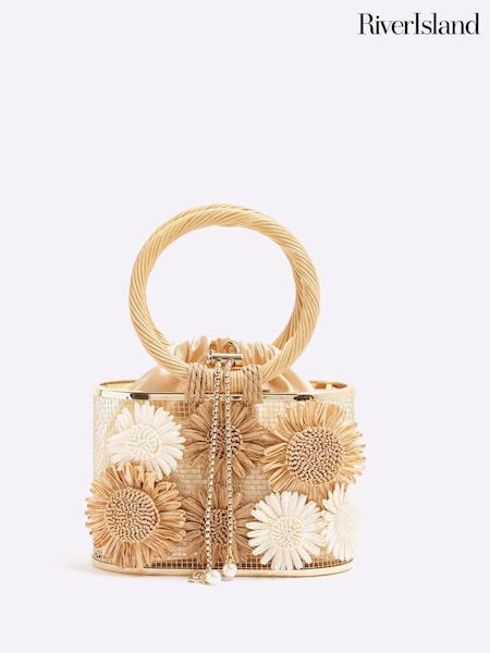 River Island Brown Raffia Flower Print Basket Bag (W32371) | €59