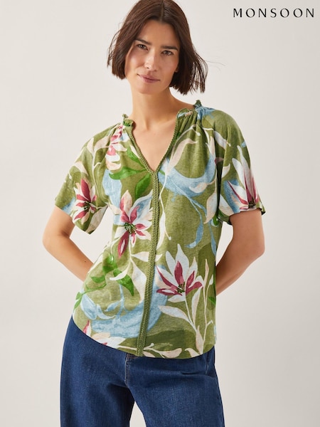 Monsoon Green Piper Floral Linen-Blend Top (W32376) | €65