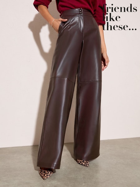 Friends Like These X Lucy Mecklenburgh Chocolate Brown Faux Leather Tailored Wide Leg Trousers (W32488) | AED245