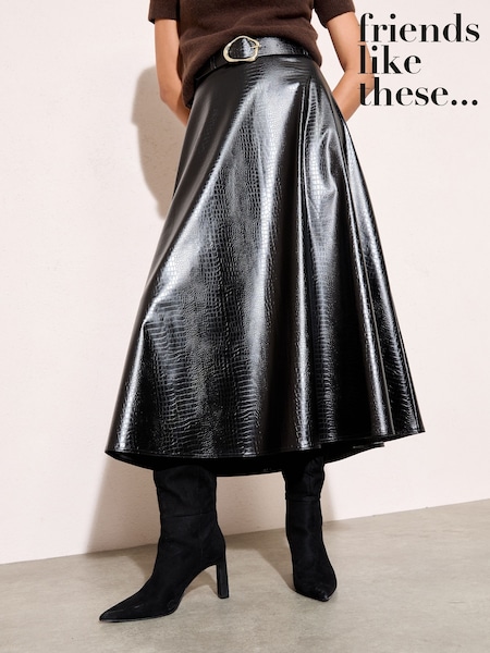 Friends Like These Black Faux Leather Belted Hem Midi Skirt (W32494) | €59