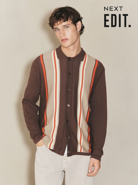 Brown EDIT Striped Long Sleeve Button Through Cardigan (W32497) | 198 QAR