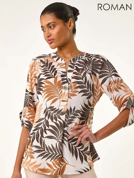 Roman Leaf Print V-Neck Stretch Blouse (W32521) | ‏283‏₪