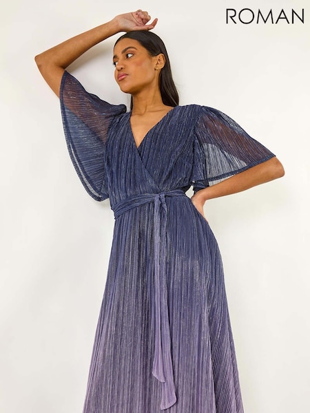 Roman Blue Ombre Plisse Midi Wrap Dress (W32522) | 386 QAR