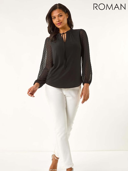 Roman Black Dobby Spot Tie Neck Mesh Top (W32525) | ₪283