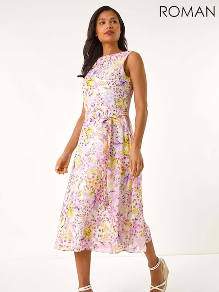 Roman Pink Floral Print Pleat Neck Midi Dress (W32528) | €69