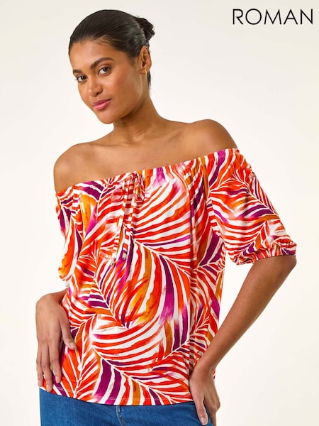 Roman Red Floral Print Bardot Stretch Top (W32529) | €42