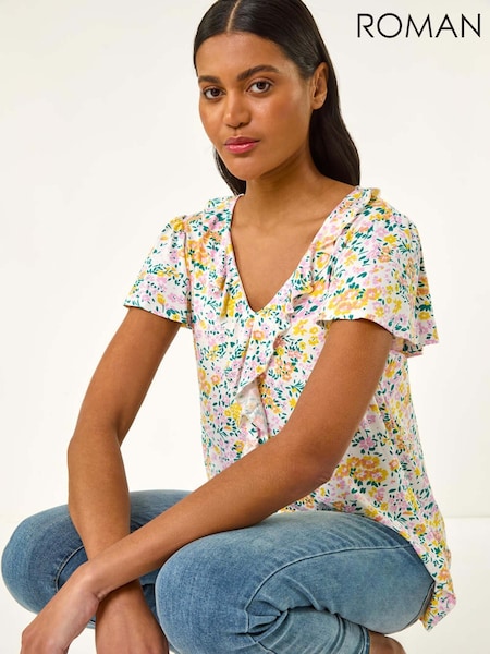 Roman Printed Ruffle V-Neck Top (W32537) | €50
