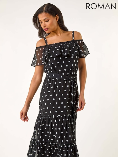 Roman Black Spot Print Bardot Midi Dress (W32538) | €86