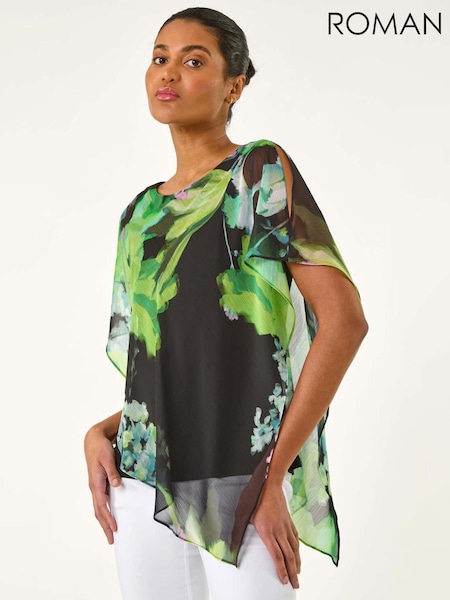 Roman Floral Print Asymmetric Overlay Top (W32543) | ‏264‏₪